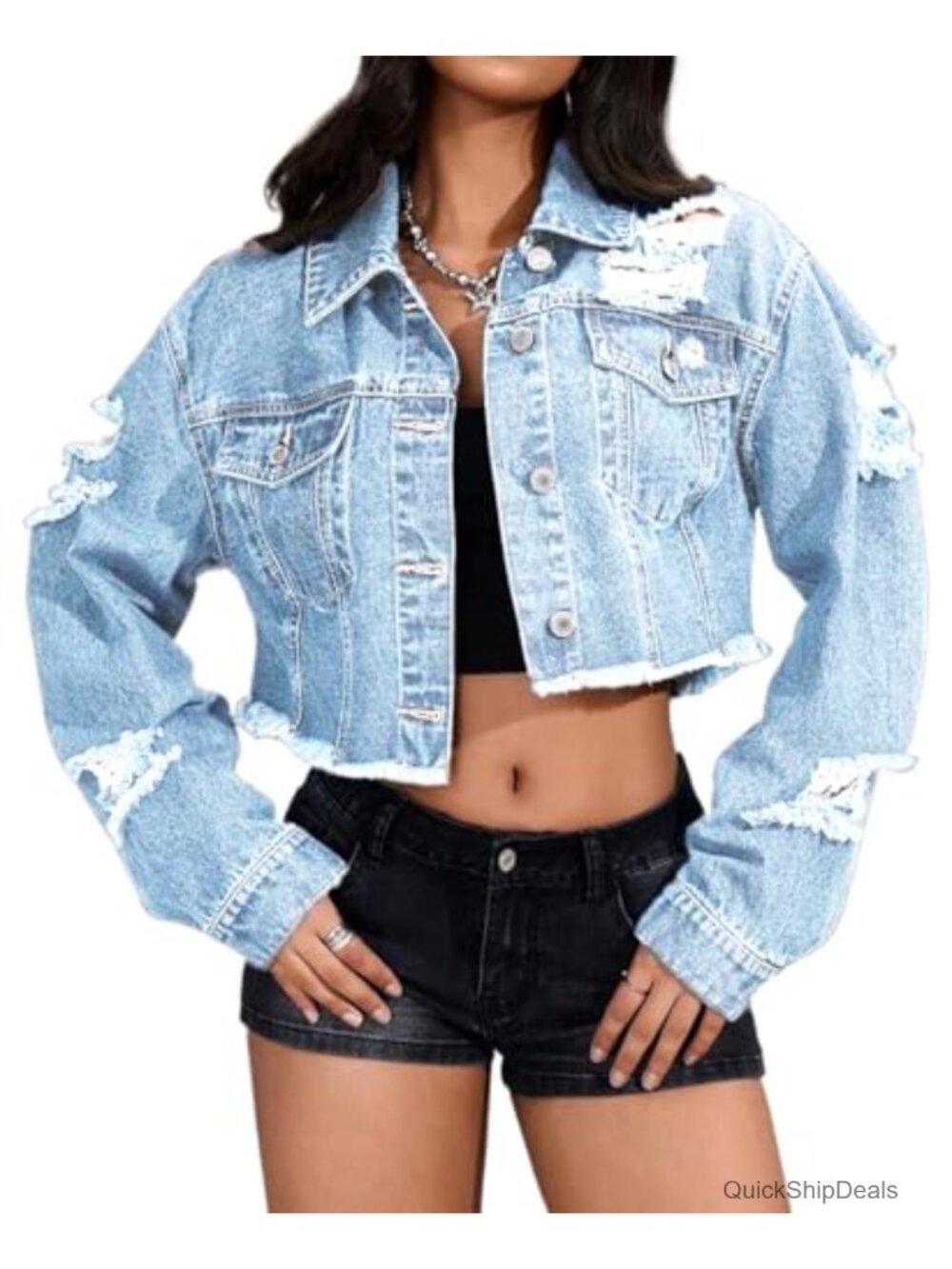 Cropped Ripped Denim Jean Jacket Long Sleeve Button Down